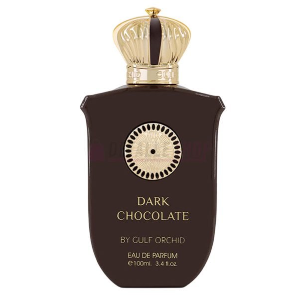 Botella original del perfume Dark Chocolate de Gulf Orchid, diseño elegante con tonos oscuros y dorados