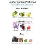Notes de salida, corazón y base de Jasoor de Lattafa unisex - Ingredientes: manzana, cardamomo, bergamota, lavanda, tabaco, geranio, habas tonka, cuero, pachulí, vetiver.