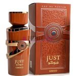 Perfume árabe Just Choco de Fragrance World de 100 ml con notas dulces de chocolate y vainilla. Botella elegante marrón con caja decorativa.