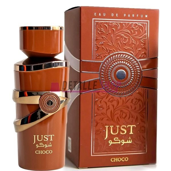 Perfume árabe Just Choco de Fragrance World de 100 ml con notas dulces de chocolate y vainilla. Botella elegante marrón con caja decorativa.