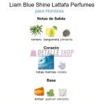 Presentación del perfume Liam Blue Shine de Lattafa con caja y botella de diseño perfume de dubai fresco para verano comprar online barato