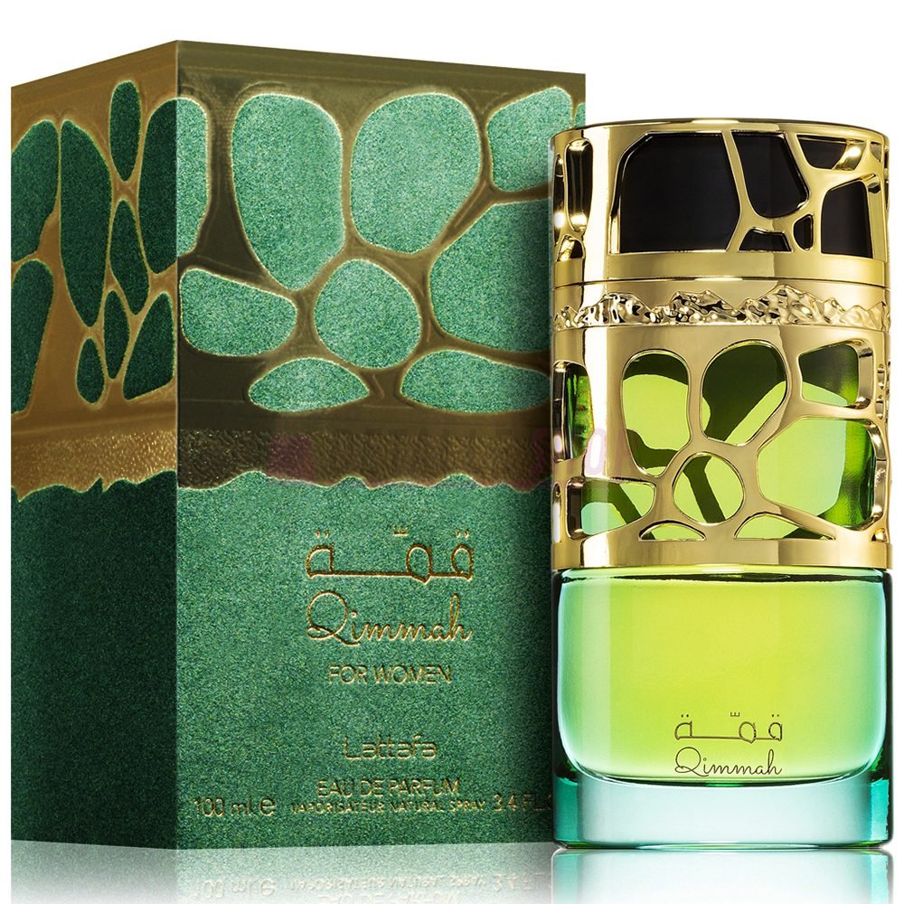 qimmah-for-women-lattafa-mujer-perfume-arabe Caja y presentación elegante del perfume Qimmah de Lattafa