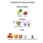 Notas de fragancia de Casablanca Swiss Arabian: manzana, uvas, maderas blancas, iris, pachulí, caramelo y ámbar.