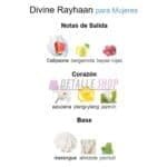 Fragancia Divine de Rayhaan, notas de calipsone, bergamota y ylang-ylang, perfume duradero para mujer.