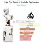 Presentación completa del perfume femenino Her Confession de Lattafa, fragancia árabe elegante.