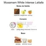 Perfume árabe Lattafa Musamam White Intense vista frontal, fragancia unisex oriental floral.