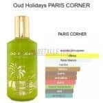 Detalle de perfume Paris Corner Oud Holidays con corazón floral y base de oud, cuero y vainilla
