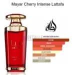 Packaging elegante del perfume Mayar Cherry Intense de Lattafa, fragancia árabe femenina