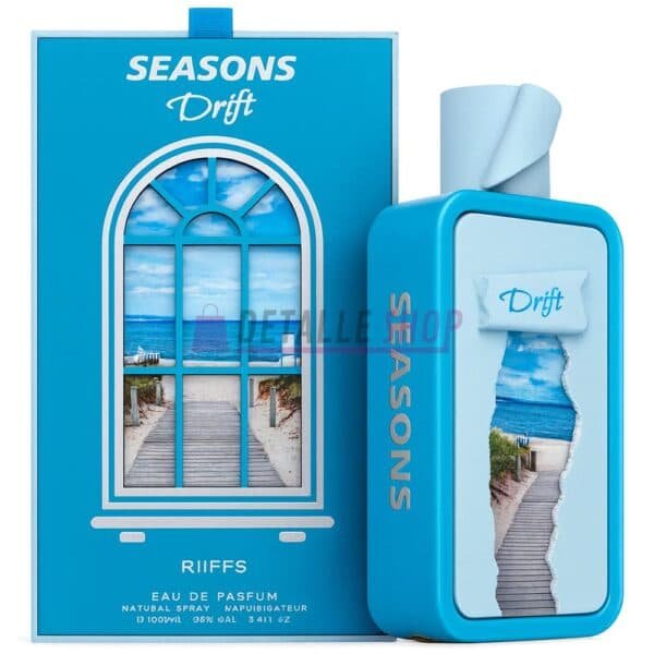 Bote y caja del perfume Seasons Drift de Riiffs, fragancia femenina elegante y original