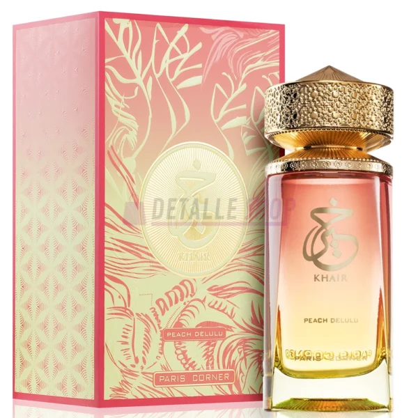 Perfume árabe Khair Peach Delulu para mujer con aroma dulce y afrutado