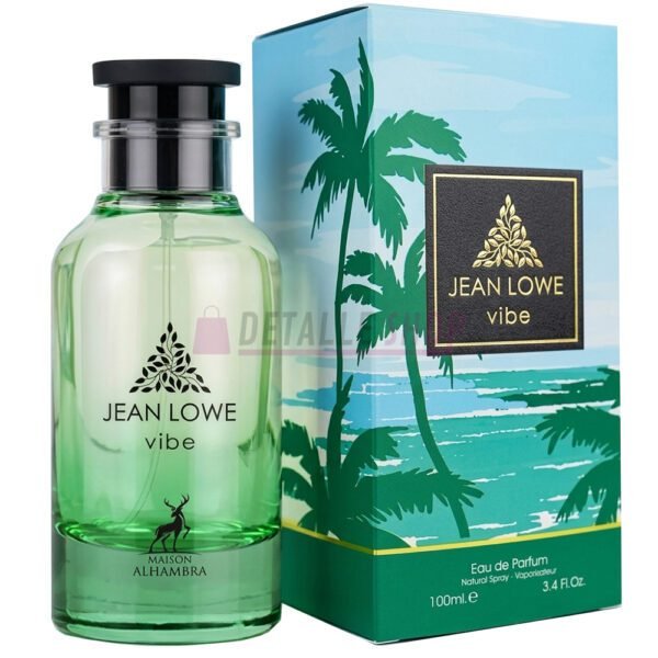 caja y frasco de 100ml del perfume árabe unisex Jean Lowe Vibe de Maison Alhambra.