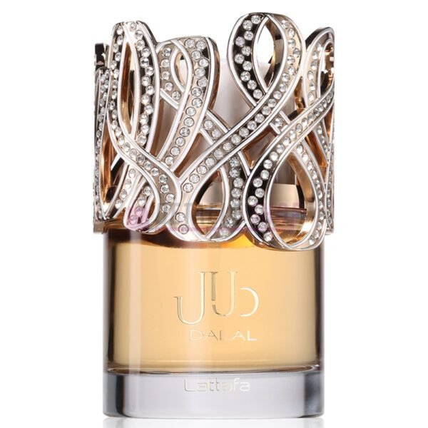 Detalle del elegante frasco de Lattafa Dalal, fragancia femenina dulce y frutal