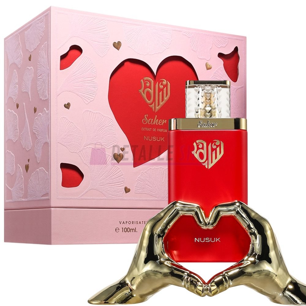 saher-nusuk-perfume-arabe-mujer-eau-de-parfum Caja original y botella del perfume arabe afrutado Saher de la marca Nusuk detalleshop perfumes arabes online