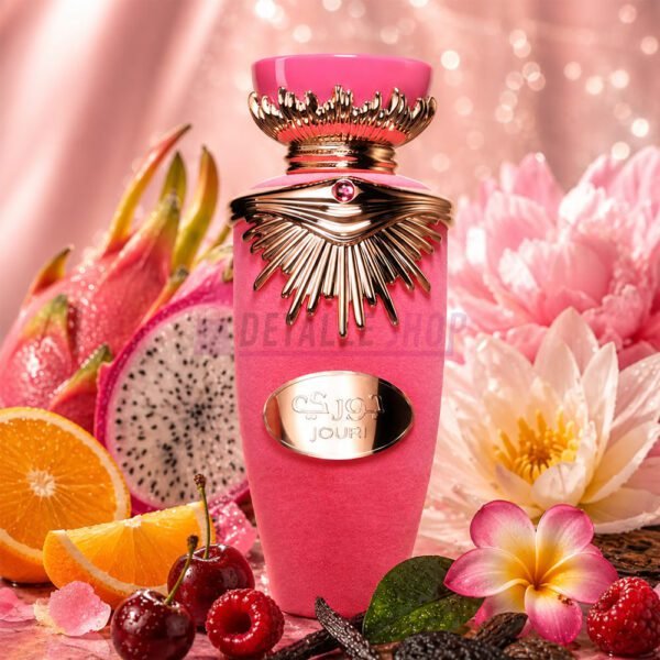 Detalle del diseno elegante y botella rosa del perfume original Jouri Lattafa eau de parfum