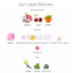 Notas olfativas del perfume arabe femenino Jouri Lattafa con aromas de pitaya cereza y peonia