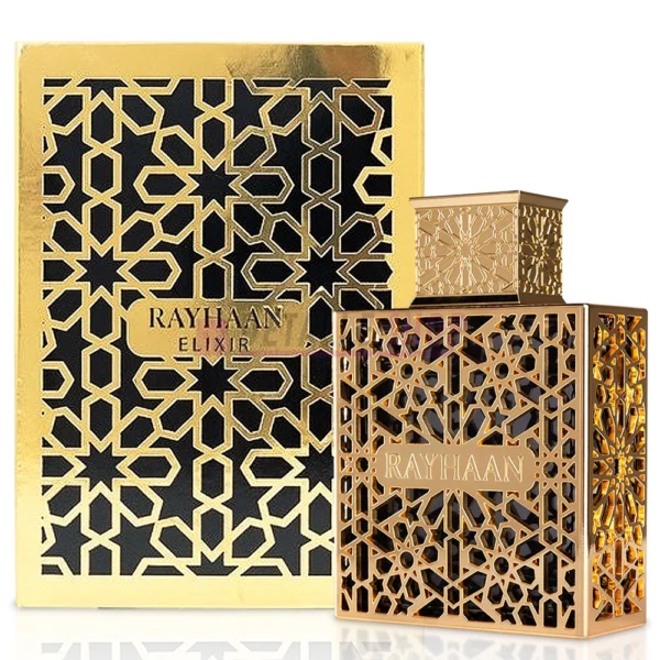 Caja y frasco original del perfume árabe Rayhaan Elixir
