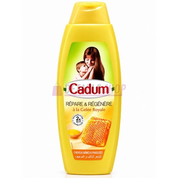 Champú y desenredante 2 en 1 Cadum con jalea real y miel para cabello dañado