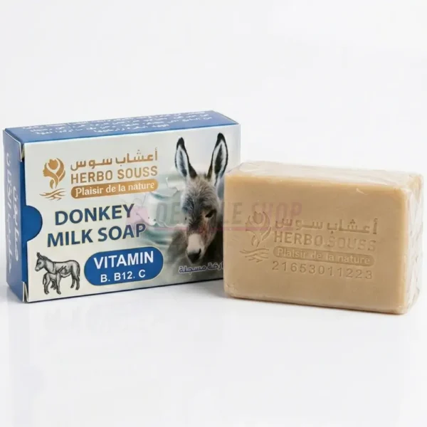 Caja y pastilla de jabón natural de leche de burra Herbo Souss con vitaminas B, B12 y C para la piel