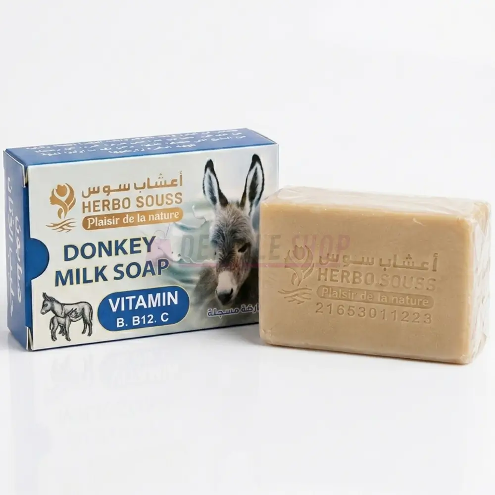 jabon-leche-burra-herbo-souss-vitaminas Caja y pastilla de jabón natural de leche de burra Herbo Souss con vitaminas B, B12 y C para la piel