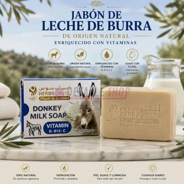 Presentación del jabón de leche de burra Herbo Souss con textura cremosa e ingredientes naturales