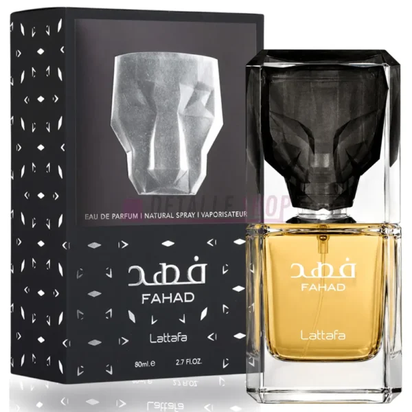 Perfume árabe para hombre Fahad de Lattafa con caja y frasco sobre fondo blanco
