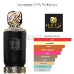 Frasco de eau de parfum Momento de Riffs junto a sus acordes y notas principales