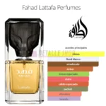 Esquema de la pirámide olfativa y notas del perfume Fahad de Lattafa