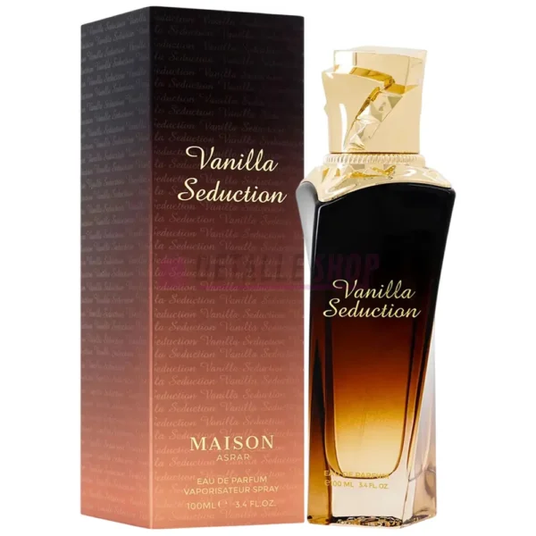 Caja y frasco de 100ml del perfume dulce de mujer Vanilla Seduction Maison Asrar.