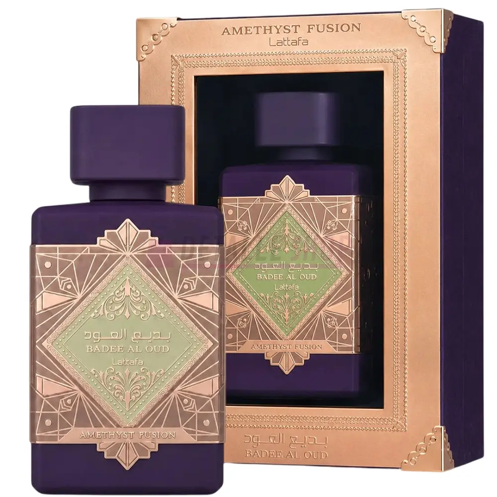 badee-al-oud-amethyst-fusion-lattafa-caja-y-frasco Caja y frasco del perfume unisex Bade e Al Oud Amethyst Fusion de Lattafa