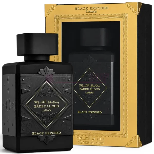 Caja y frasco del perfume unisex Bade e Al Oud Black Exposed de Lattafa