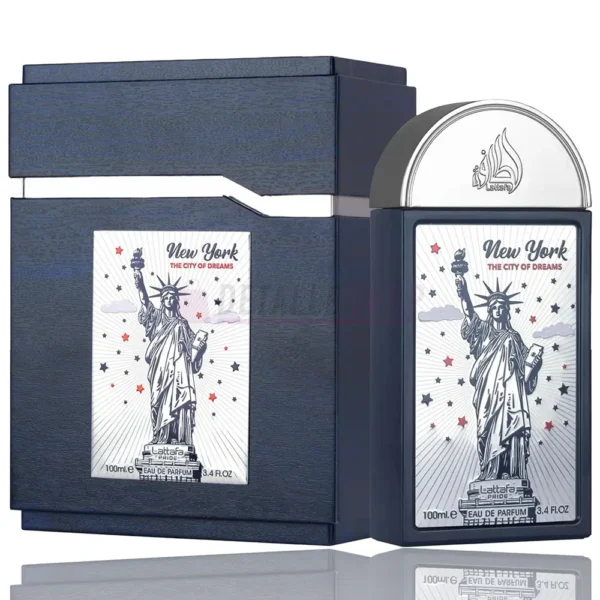 Caja y frasco del perfume árabe Lattafa New York The City of Dreams