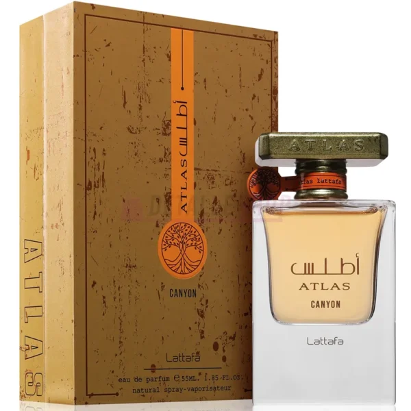 Caja y frasco del perfume árabe unisex Atlas Canyon de Lattafa.