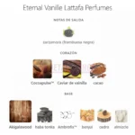 Notas olfativas de Eternal Vanille de Lattafa: mora, caviar de vainilla y cacao.