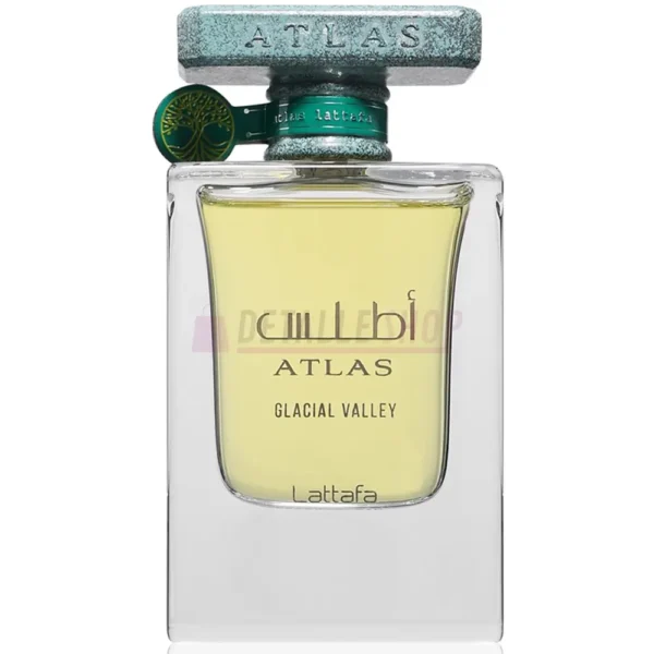 Botella de diseño exclusivo de Atlas Glacial Valley Lattafa unisex.
