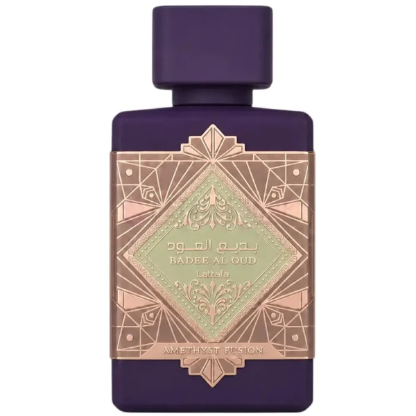 Frasco de la fragancia árabe ambarada Bade e Al Oud Amethyst Fusion Lattafa