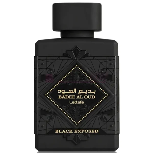 Botella de la fragancia avainillada Bade e Al Oud Black Exposed Lattafa