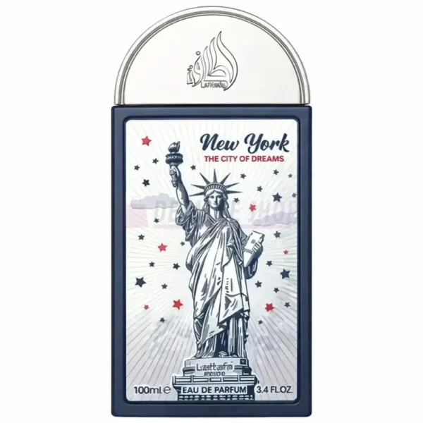 Frasco del perfume amaderado y floral Lattafa New York City of Dreams