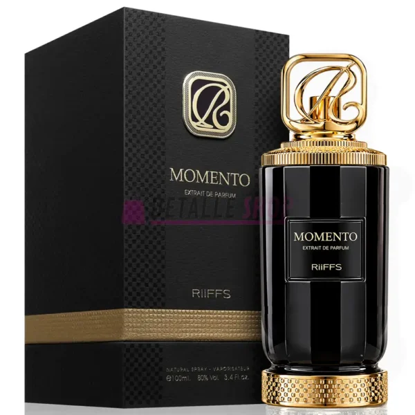 Perfume árabe Momento de Riffs mostrando su elegante frasco y caja