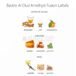 Notas de la fragancia Bade e Al Oud Amethyst Fusion con amaretto, caramelo y vainilla