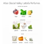 notas de salida de piña, higo, menta y fondo de vainilla de Atlas Glacial Valley.