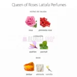 Notas olfativas de Queen of Roses de Lattafa: rosa, pimienta rosa, azafrán y vainilla.