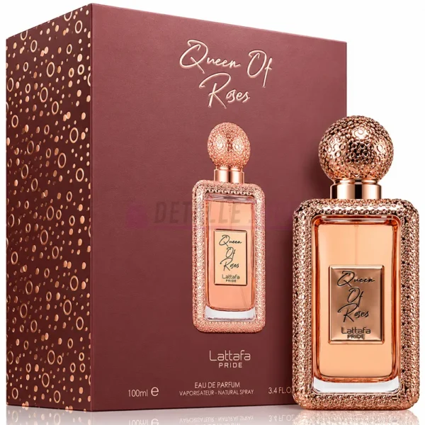 Caja y frasco del perfume Queen of Roses de Lattafa Pride.